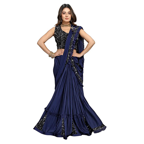 Blue Ready to wear Lycra Blend Embellished sari with Unstiched Blouse