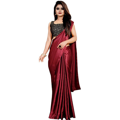 Maroon Satin Solid-Plain sari with Unstiched Blouse