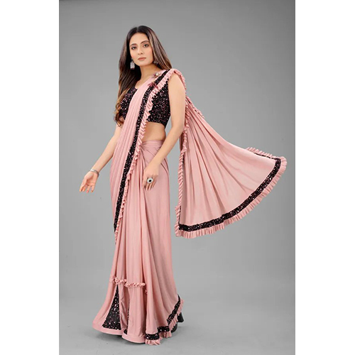 Pink Ready to wear Lycra Blend Embellished sari with Unstich