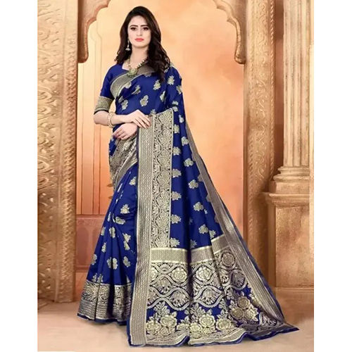 Dark Blue Jacquard Embellished sari with Unstiched Blouse