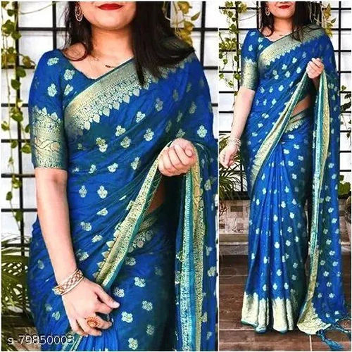 Daily Wear Blue Jacquard Embellished Sari With Unstiched Blouse