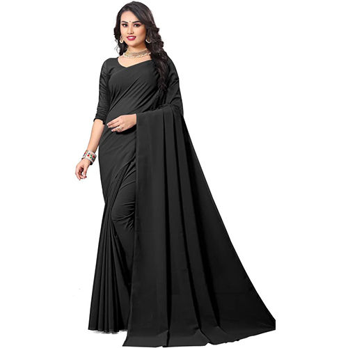 Daily Wear Black Georgette Solid-plain Sari With Unstiched Blouse