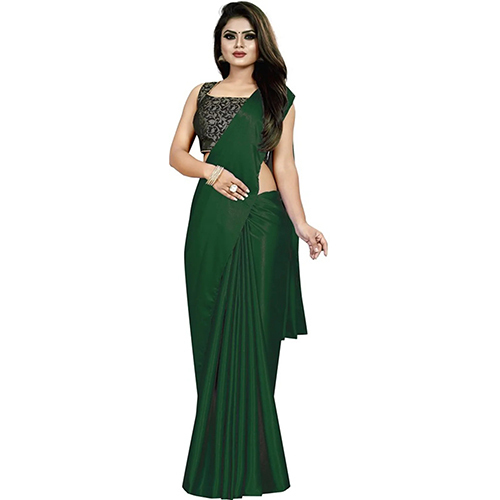 Green Satin Solid-Plain sari with Unstiched Blouse