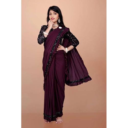 Mahroon Black Ready To Wear Lycra Blend Embellished And Solid-Plain Sari With Unstiched Blouse