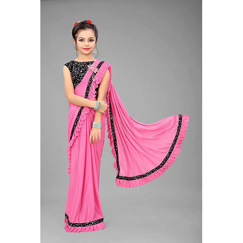 Saree Pink Ready To Wear Lycra Blend Embellished Sari With Unstiched Blouse