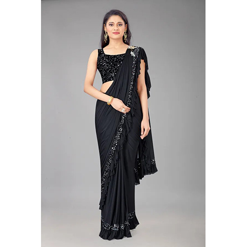 Black Ready to wear Lycra Blend Solid-Plain sari with Unstiched Blouse