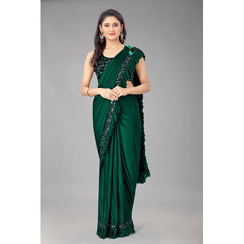 Green Ready to wear Lycra Blend Solid-Plain sari with Unstiched Blouse