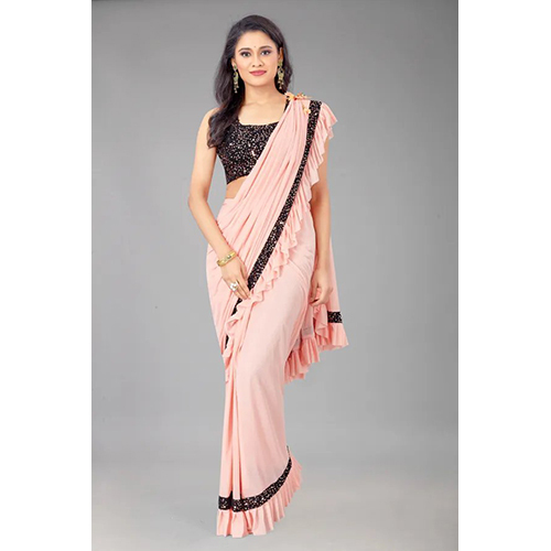 Pink Ready to wear Lycra Blend Solid-Plain sari with Unstiched Blouse