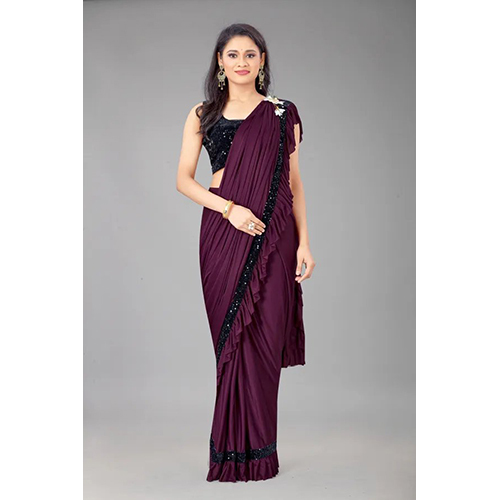 Purple Ready to wear Lycra Blend Solid-Plain sari with Unstiched Blouse