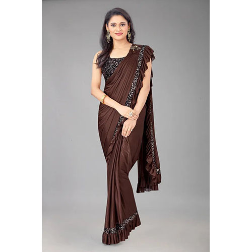 Brown Ready to wear Lycra Blend Solid-Plain sari with Unstiched Blouse