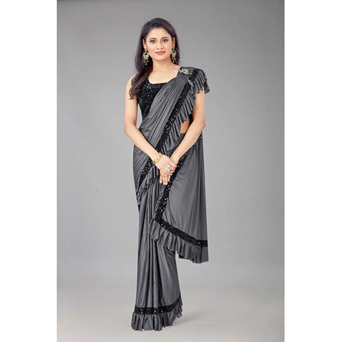 Grey Ready to wear Lycra Blend Solid-Plain sari with Unstiched Blouse