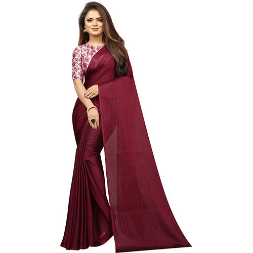 Maroon Chiffon Striped sari with Unstiched Blouse