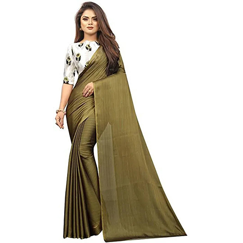 Dark Green Chiffon Striped sari with Unstiched Blouse