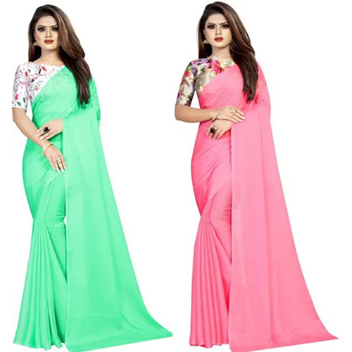 Green and Pink Chiffon Solid-Plain Pack of 2 sari with Unstiched Blouse