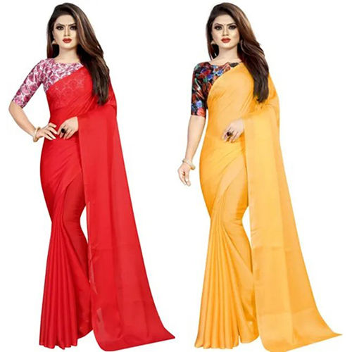 Formal Red And Yellow Chiffon Solid-Plain Pack Of 2 Sari With Unstiched Blouse