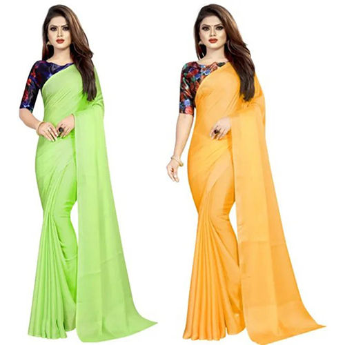 Light Green and Yellow Chiffon Solid-Plain Pack of 2 sari with Unstiched Blouse