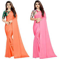 Multicolor Chiffon Solid-Plain Pack of 2 sari with Unstiched Blouse