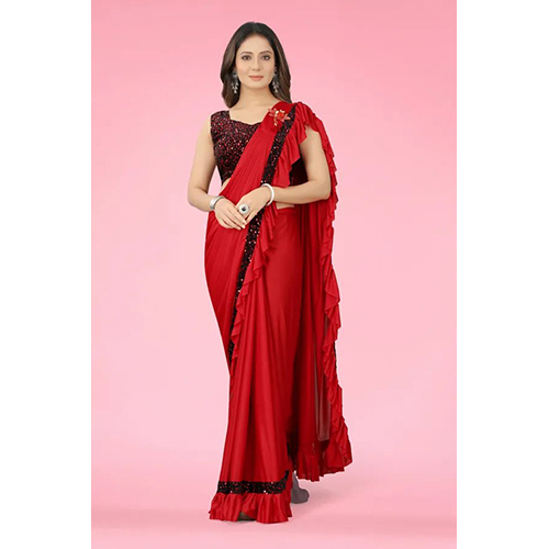 Red Ready to wear Lycra Blend Solid-Plain sari with Unstiched Blouse