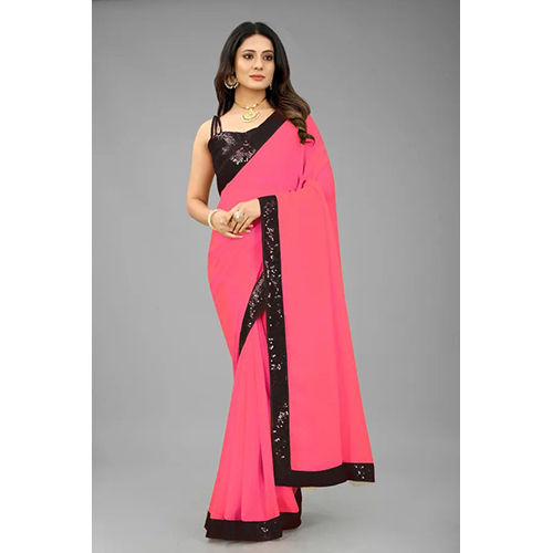 Pink Georgette and Cotton Silk Solid-Plain sari with Unstiched Blouse