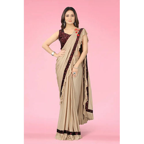 Beige Ready to wear Lycra Blend Embellished sari with Unstiched Blouse