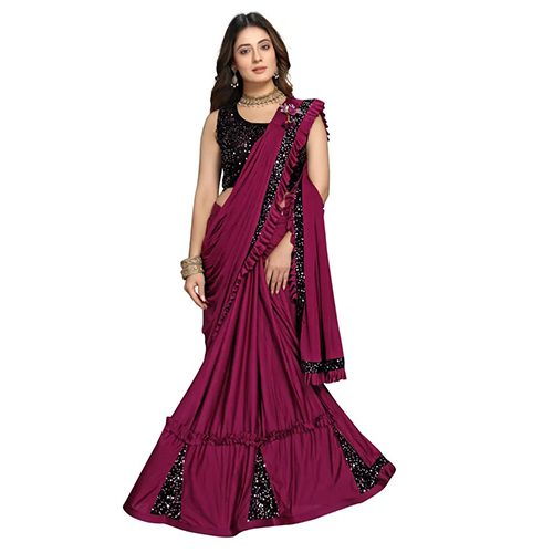 Magenta Ready to wear Lycra Blend Embellished sari with Unstiched Blouse