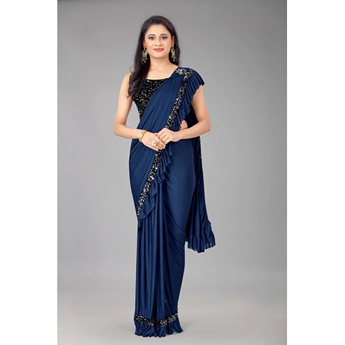 Dark Blue Ready to wear Lycra Blend Solid-Plain sari with Unstiched Blouse