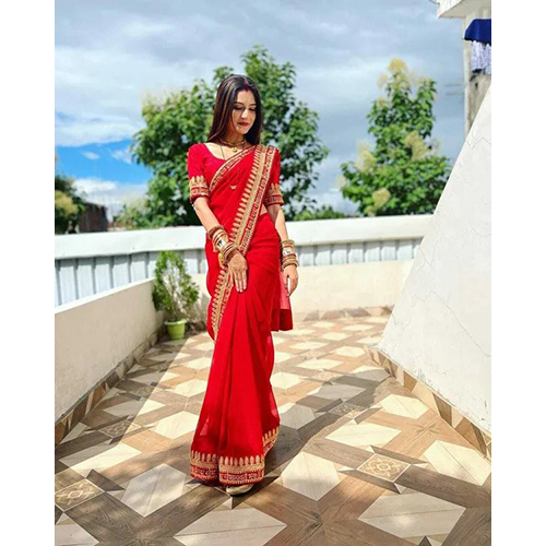 Red Net Solid-Plain sari with Unstiched Blouse