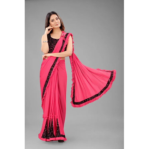 Pink Ready to wear Lycra Blend Embellished sari with Unstiched Blouse