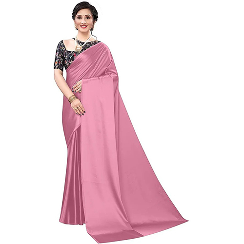 Pink Satin Solid-Plain sari with Unstiched Blouse