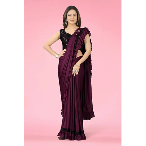 Purple Ready to wear Lycra Blend Embellished sari with Unstiched Blouse