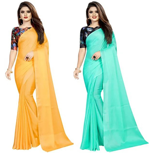 Light Blue and Yellow Chiffon Solid-Plain Pack of 2 sari with Unstiched Blouse