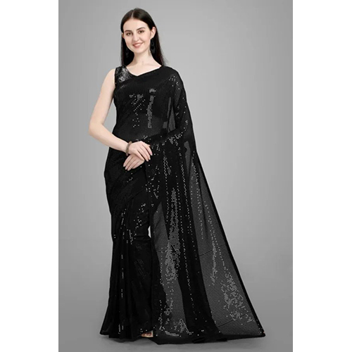 Black Georgette Self Design sari with Unstiched Blouse