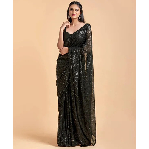 Black Georgette Embellished sari with Unstiched Blouse