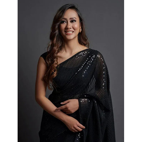 Black Georgette Embellished sari with Unstiched Blouse
