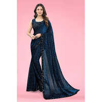 Dark Green Lycra Blend Floral Print Sari With Unstiched Blouse - Color: Blue
