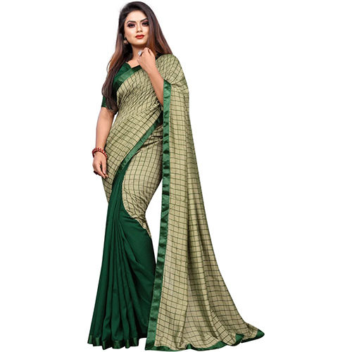 Green Art Silk Checkered sari with Unstiched Blouse