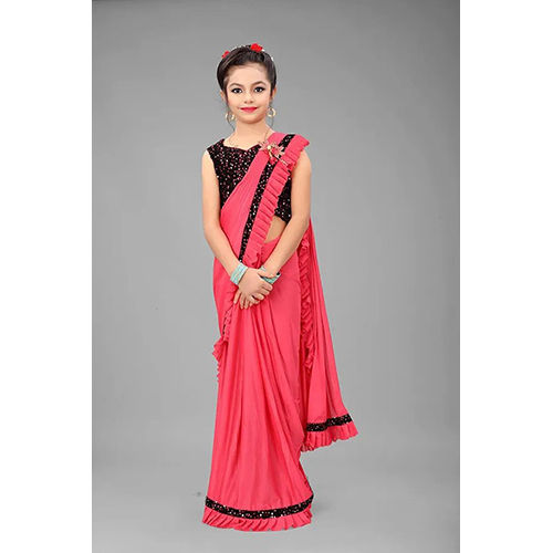 Pink Ready to wear Lycra Blend Embellished sari with Unstiched Blouse