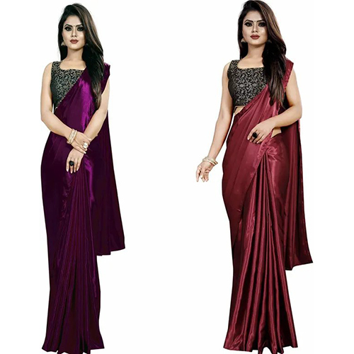 Purple and Maroon Satin Solid-Plain Pack of 2 sari with Unstiched Blouse