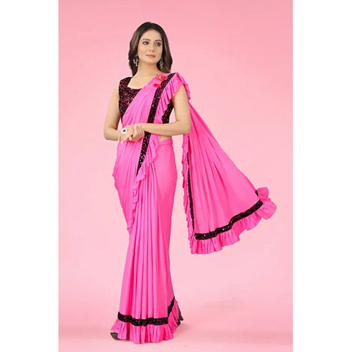 Pink Ready to wear Lycra Blend Embellished sari with Unstiched Blouse