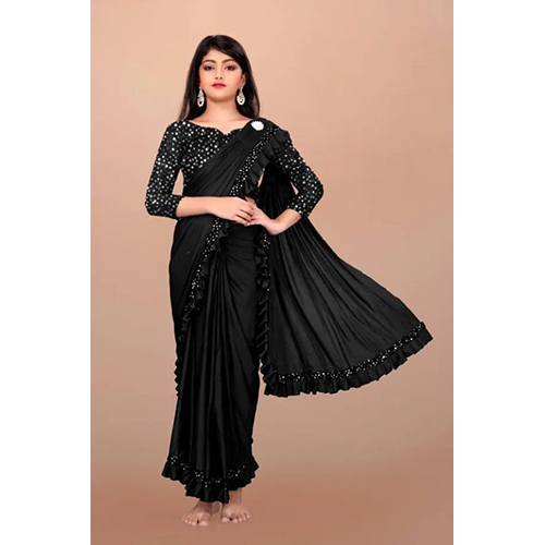 Black Ready to wear Lycra Blend Embellished and Solid-Plain sari with Unstiched Blouse