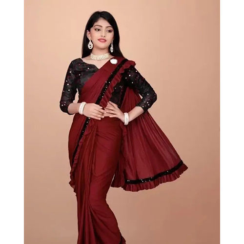 Mahroon Black Ready To Wear Lycra Blend Embellished And Solid-plain Sari With Unstiched Blouse