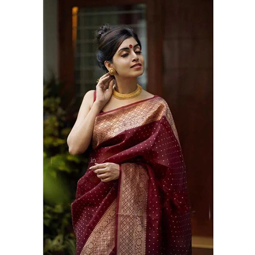 Maroon Jacquard Embellished sari with Unstiched Blouse