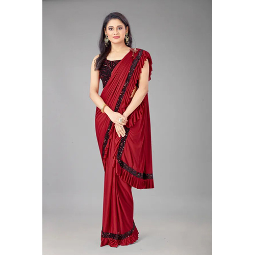 Red Ready to wear Lycra Blend Embellished sari with Unstiched Blouse