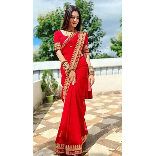 Red Art Silk Embroidered sari with Unstiched Blouse