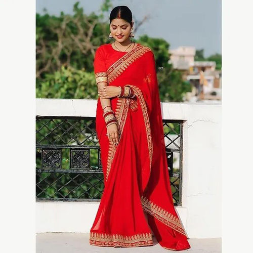 Red Georgette and Art Silk Embroidered sari with Unstiched Blouse