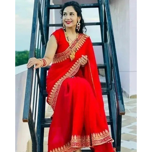 Red Georgette and Art Silk Embroidered sari with Unstiched Blouse