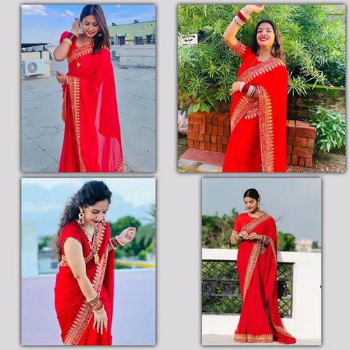 Red Georgette and Art Silk Embroidered sari with Unstiched Blouse