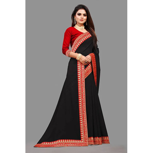 Black Silk Blend and Art Silk Printed sari with Unstiched Blouse