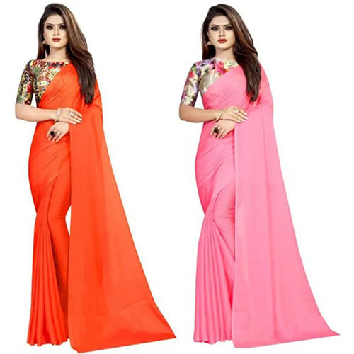 Pink and Orange Chiffon Solid-Plain Pack of 2 sari with Unstiched Blouse