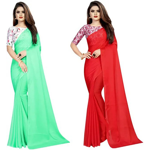 Dark Green and Red Chiffon Solid-Plain Pack of 2 sari with Unstiched Blouse